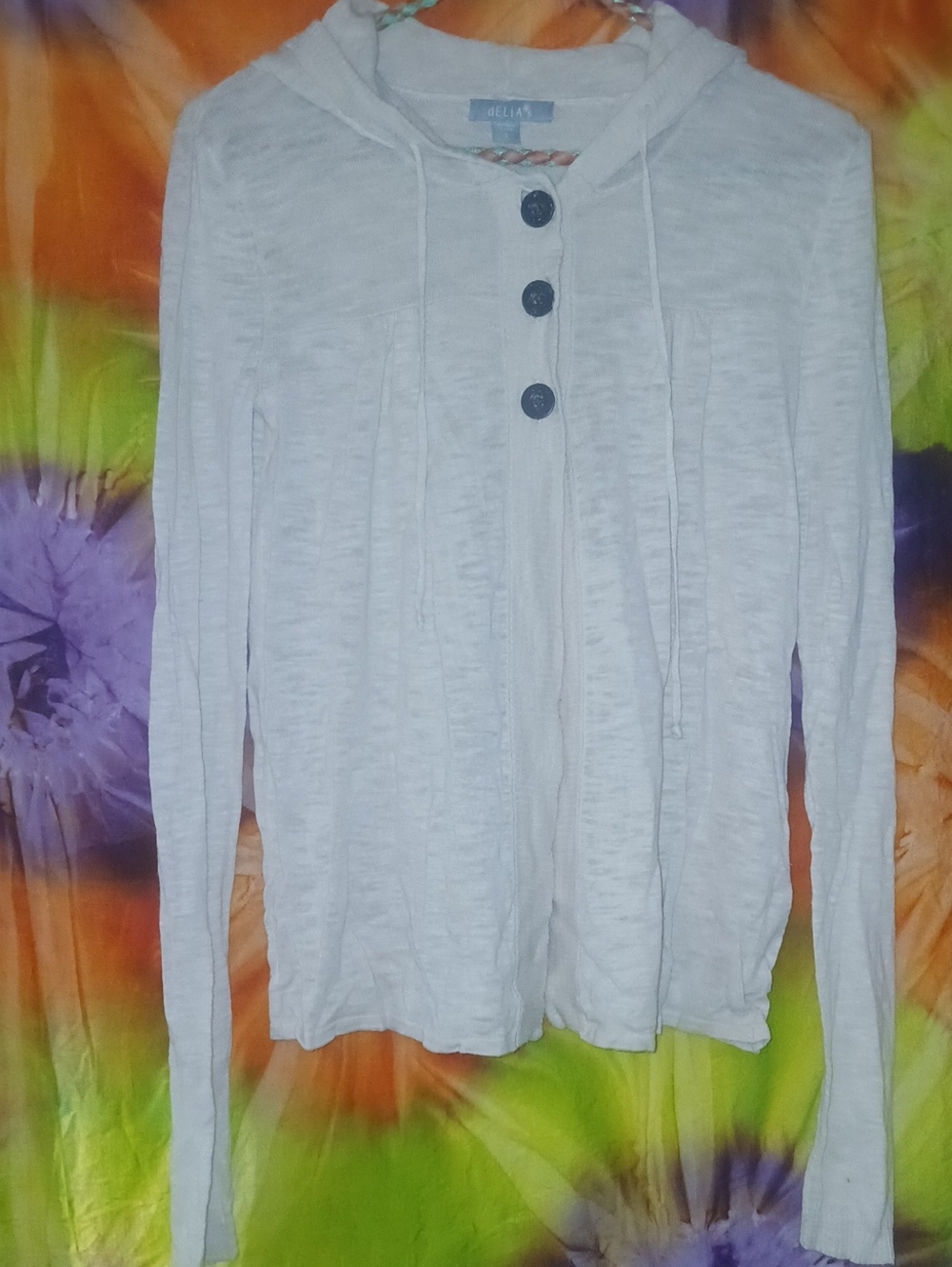 dELiA*s Vintage Y2K Cream Hooded 3 Button Hoodie Cardigan Sweater